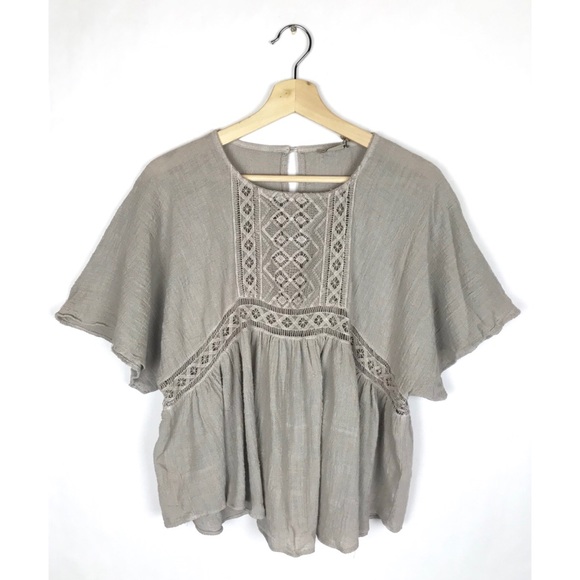 Anama Tops - Anama Top Beige Lace Front Kimono Sleeve Blouse